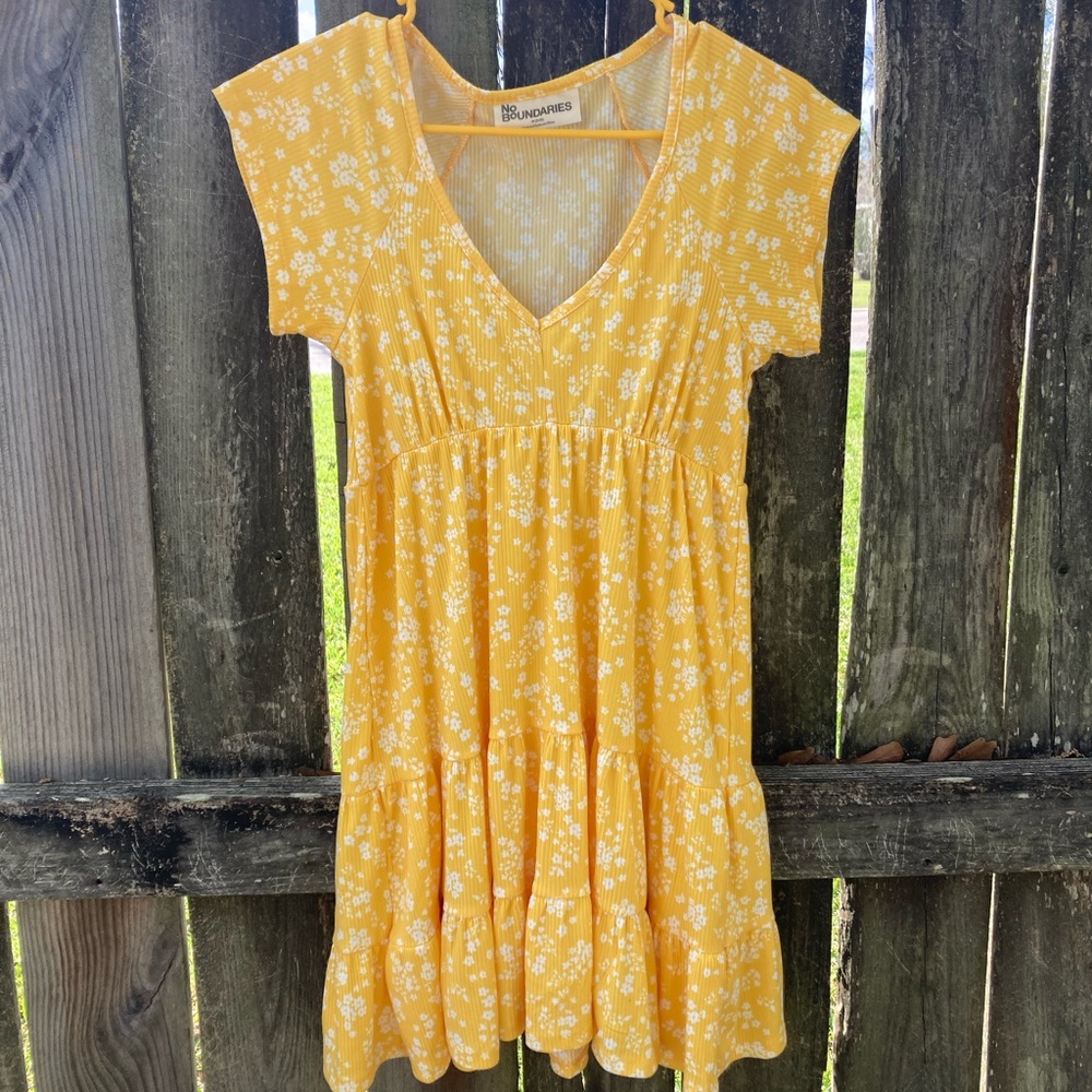 No Boundaries Yellow Floral V-Neck Tiered Mini Dress